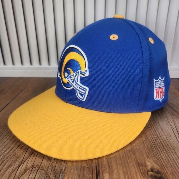 Mitchell Ness Los Angeles LA Rams Fitted 7 3/8 Hat Cap Blue Yellow NFL 100% Wool - Picture 1 of 11